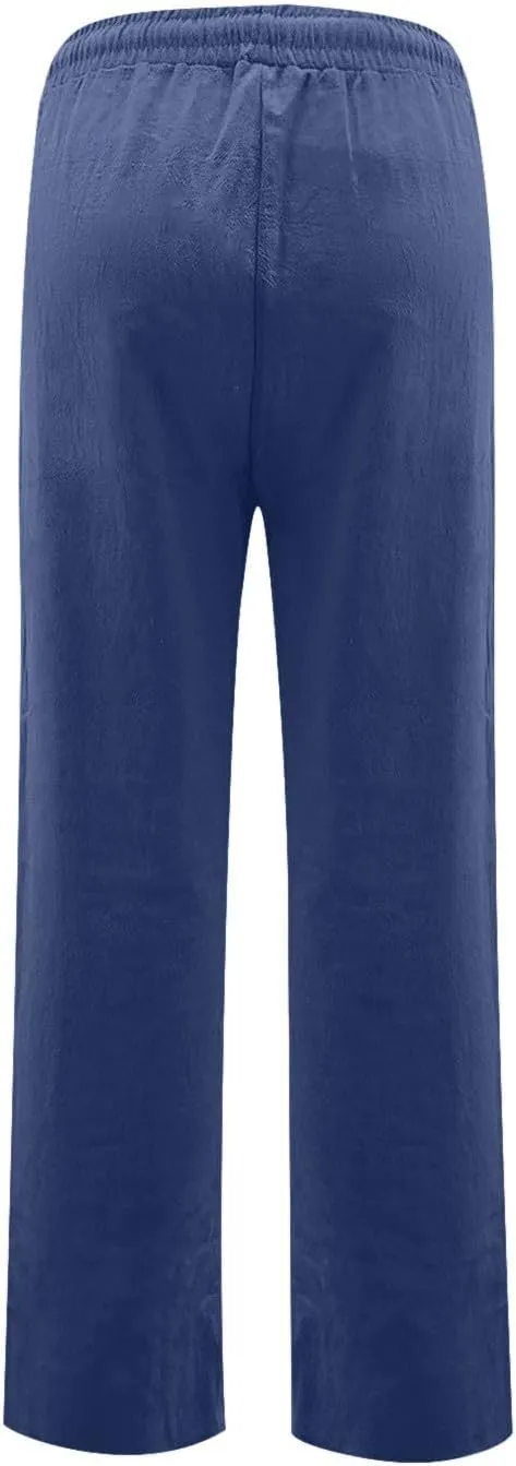 Cotton Linen Pants Women Elastic Waist Pull On Dress Pants Straight Leg Summer Boho Flowy Beach Pants with Pockets