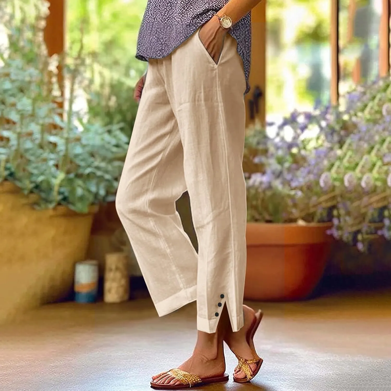 Cotton Linen Womens Pants 2025 Wide Leg Cropped Lounge Trousers Elastic Waist Summer Flowy Slit Trouser Legs Pants for Women