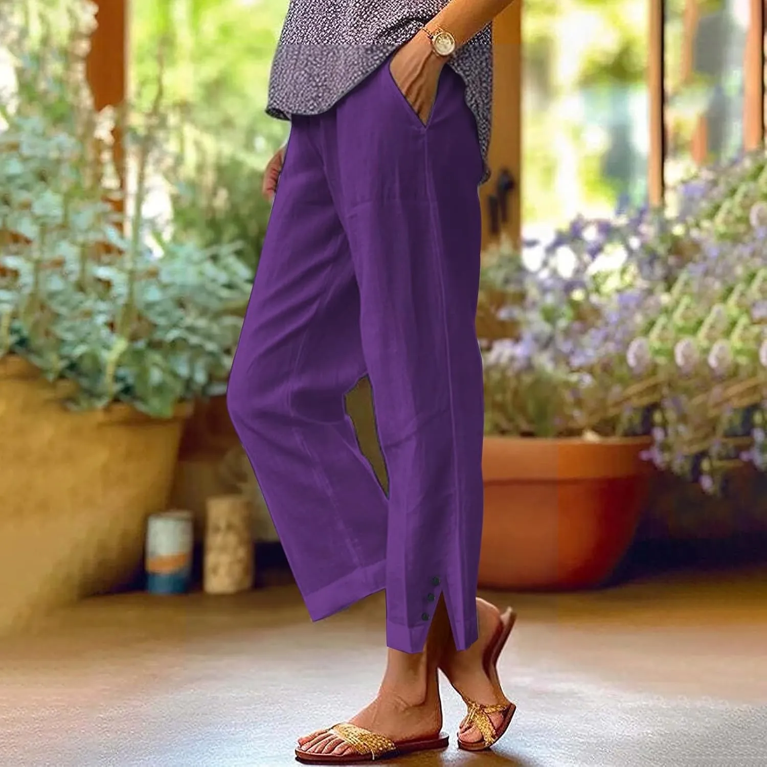 Cotton Linen Womens Pants 2025 Wide Leg Cropped Lounge Trousers Elastic Waist Summer Flowy Slit Trouser Legs Pants for Women