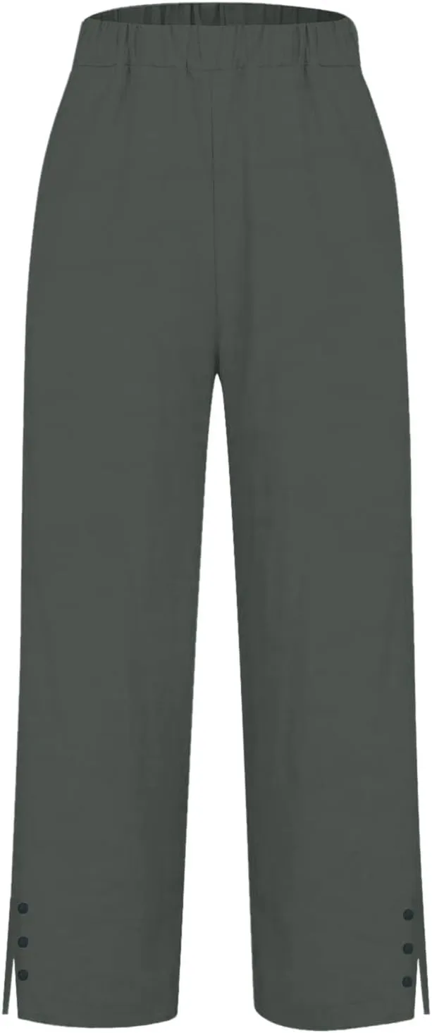 Cotton Linen Womens Pants 2025 Wide Leg Cropped Lounge Trousers Elastic Waist Summer Flowy Slit Trouser Legs Pants for Women