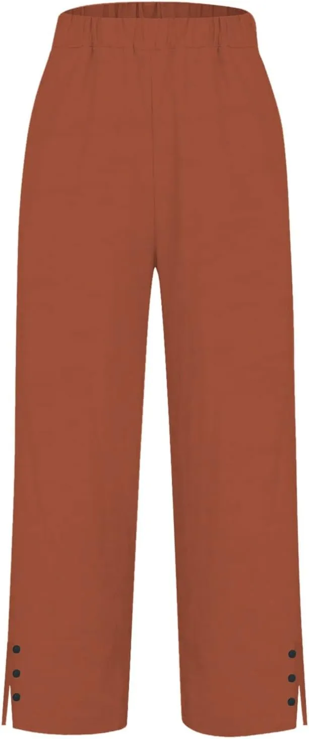 Cotton Linen Womens Pants 2025 Wide Leg Cropped Lounge Trousers Elastic Waist Summer Flowy Slit Trouser Legs Pants for Women