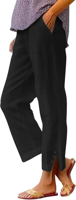Cotton Linen Womens Pants 2025 Wide Leg Cropped Lounge Trousers Elastic Waist Summer Flowy Slit Trouser Legs Pants for Women