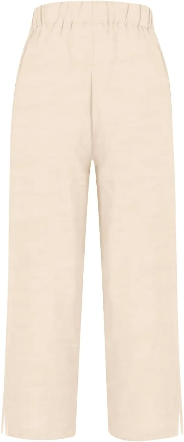 Cotton Linen Womens Pants 2025 Wide Leg Cropped Lounge Trousers Elastic Waist Summer Flowy Slit Trouser Legs Pants for Women