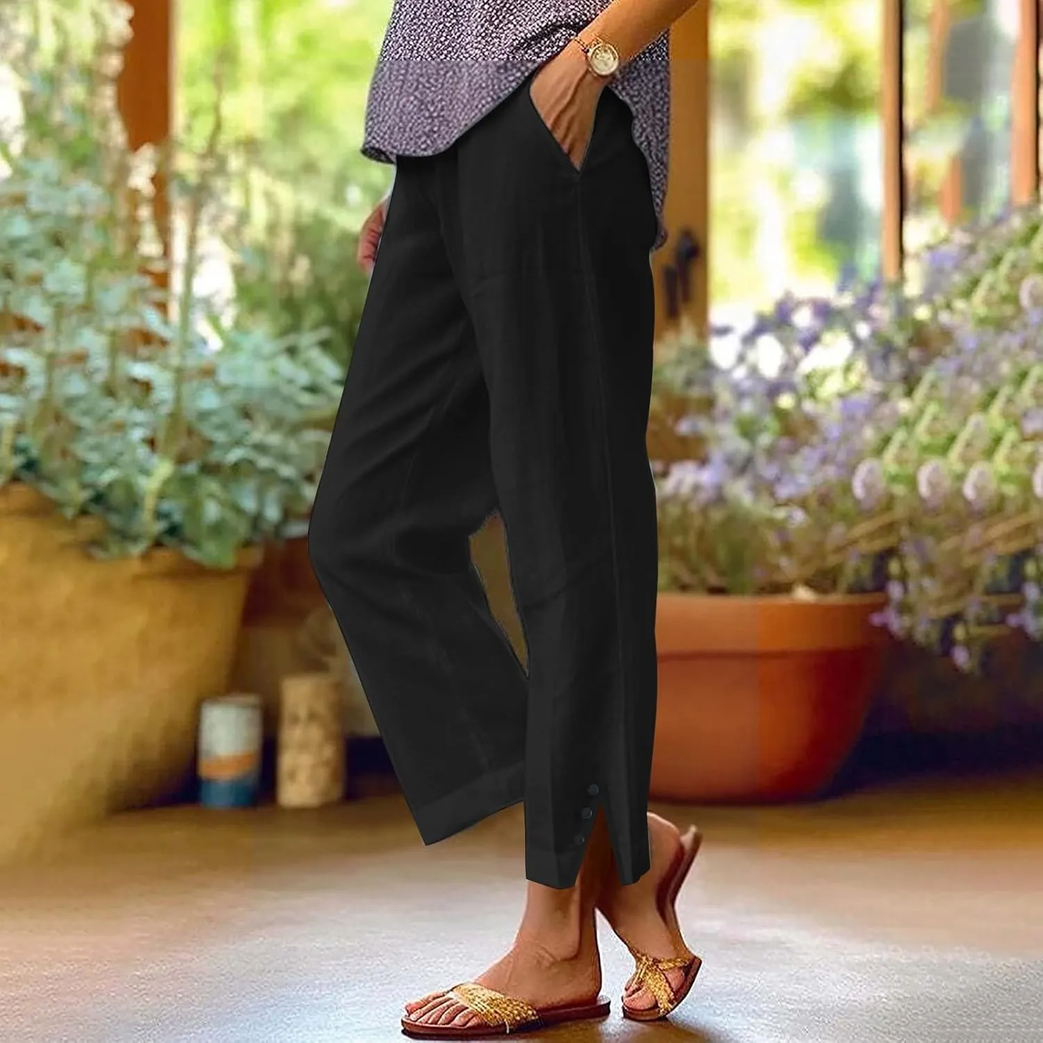 Cotton Linen Womens Pants 2025 Wide Leg Cropped Lounge Trousers Elastic Waist Summer Flowy Slit Trouser Legs Pants for Women