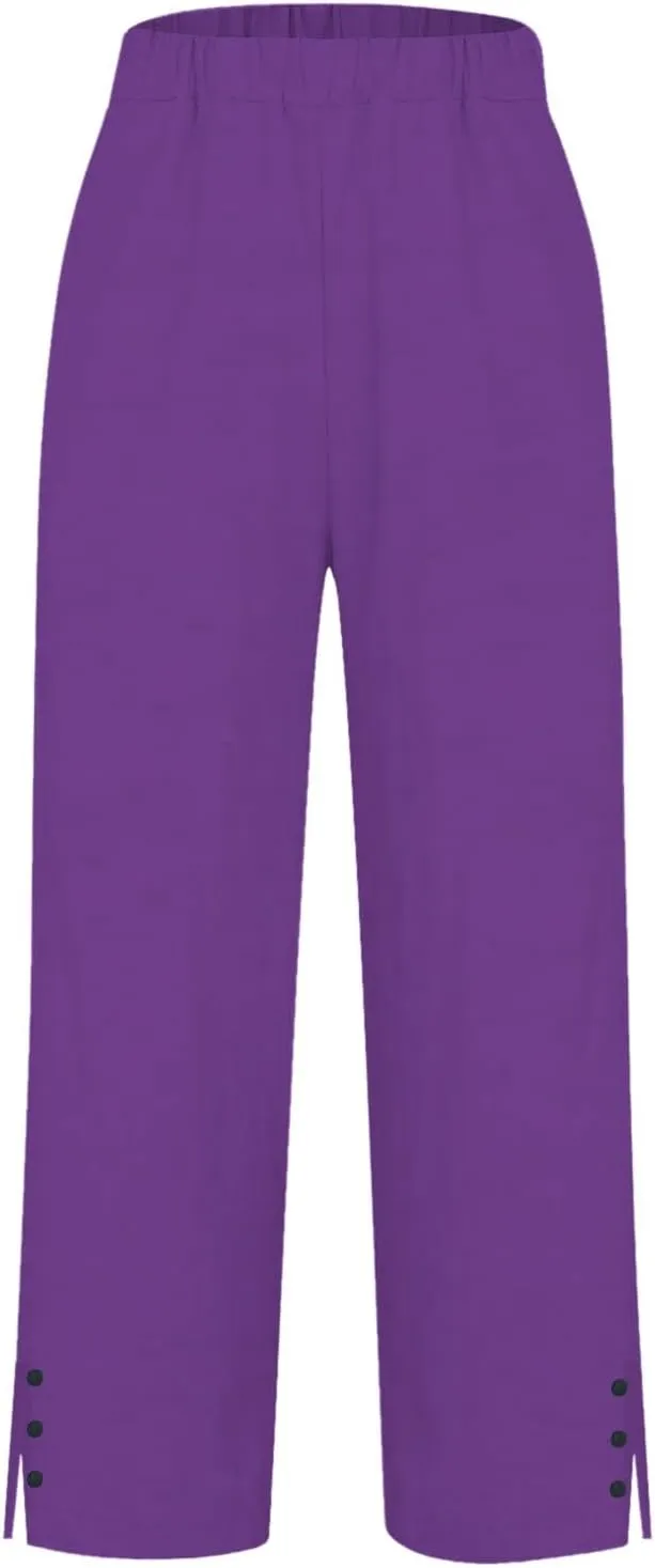 Cotton Linen Womens Pants 2025 Wide Leg Cropped Lounge Trousers Elastic Waist Summer Flowy Slit Trouser Legs Pants for Women