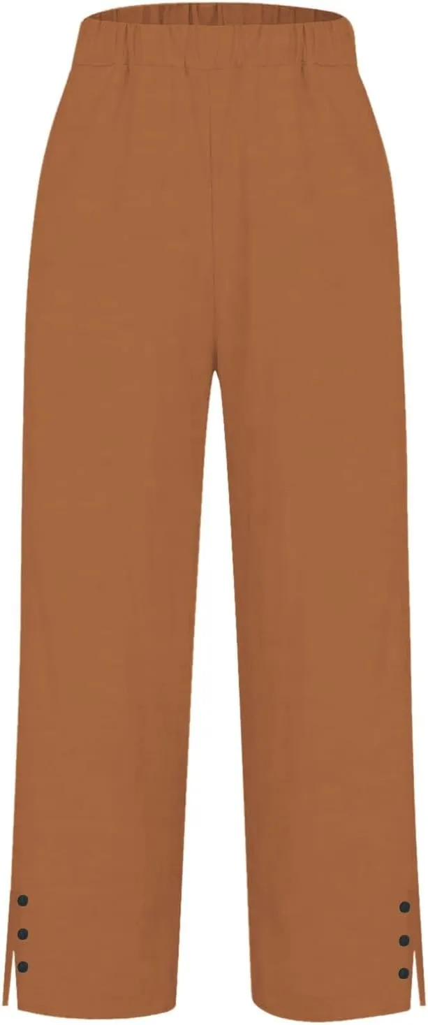 Cotton Linen Womens Pants 2025 Wide Leg Cropped Lounge Trousers Elastic Waist Summer Flowy Slit Trouser Legs Pants for Women