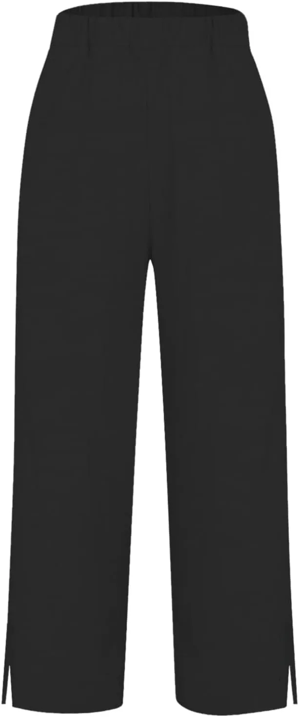 Cotton Linen Womens Pants 2025 Wide Leg Cropped Lounge Trousers Elastic Waist Summer Flowy Slit Trouser Legs Pants for Women