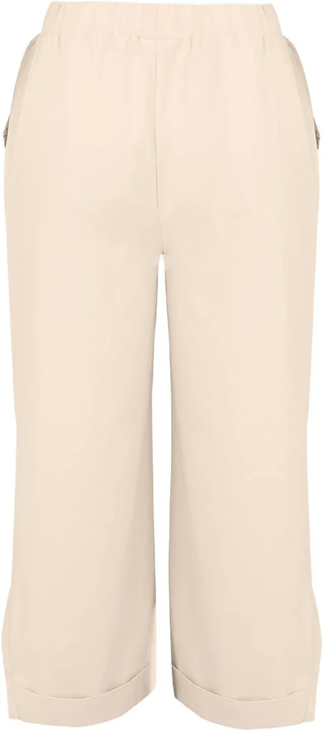 Cotton Linen Womens Pants 2025 Wide Leg Cropped Lounge Trousers Elastic Waist Summer Flowy Slit Trouser Legs Pants for Women
