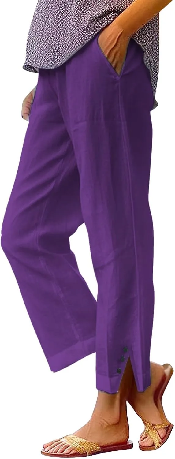 Cotton Linen Womens Pants 2025 Wide Leg Cropped Lounge Trousers Elastic Waist Summer Flowy Slit Trouser Legs Pants for Women