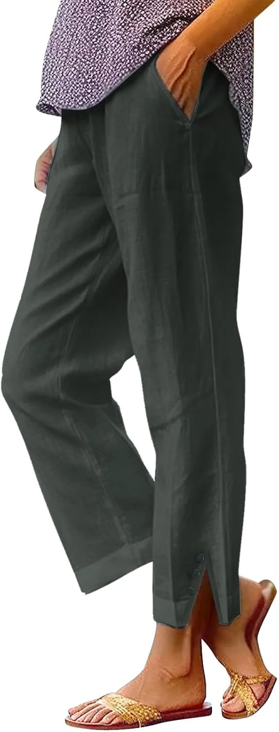Cotton Linen Womens Pants 2025 Wide Leg Cropped Lounge Trousers Elastic Waist Summer Flowy Slit Trouser Legs Pants for Women