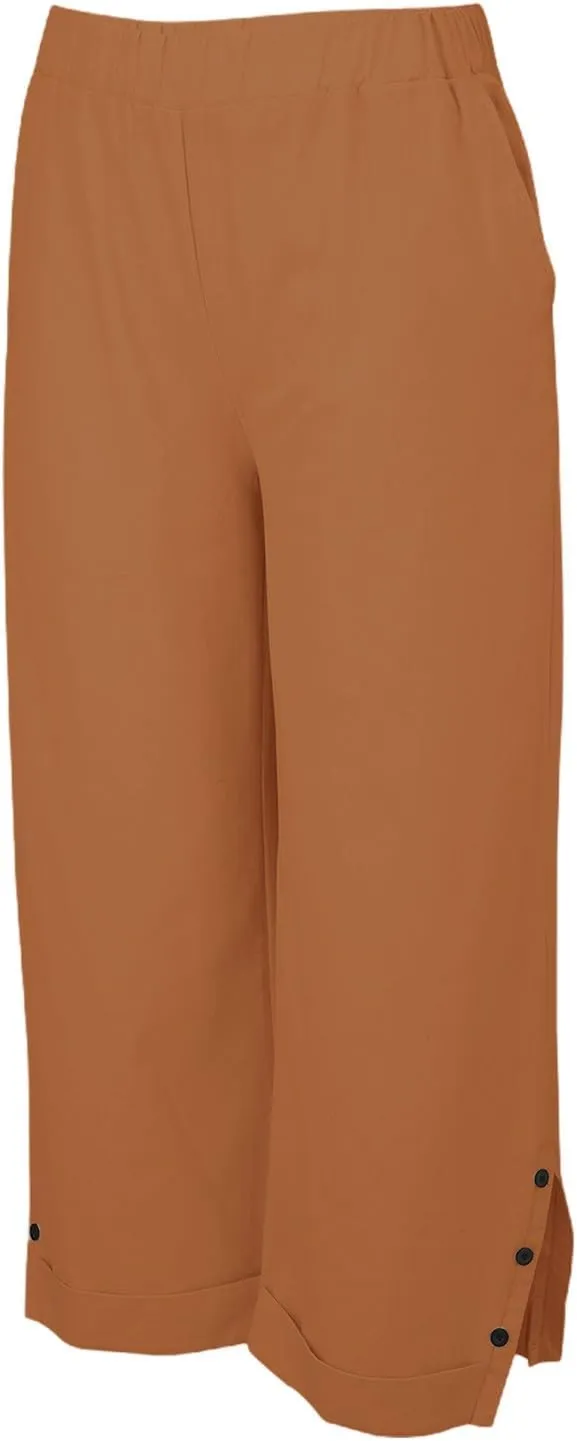 Cotton Linen Womens Pants 2025 Wide Leg Cropped Lounge Trousers Elastic Waist Summer Flowy Slit Trouser Legs Pants for Women