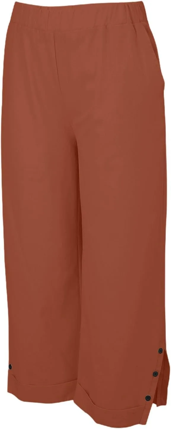 Cotton Linen Womens Pants 2025 Wide Leg Cropped Lounge Trousers Elastic Waist Summer Flowy Slit Trouser Legs Pants for Women