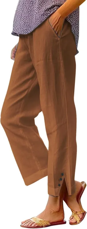 Cotton Linen Womens Pants 2025 Wide Leg Cropped Lounge Trousers Elastic Waist Summer Flowy Slit Trouser Legs Pants for Women