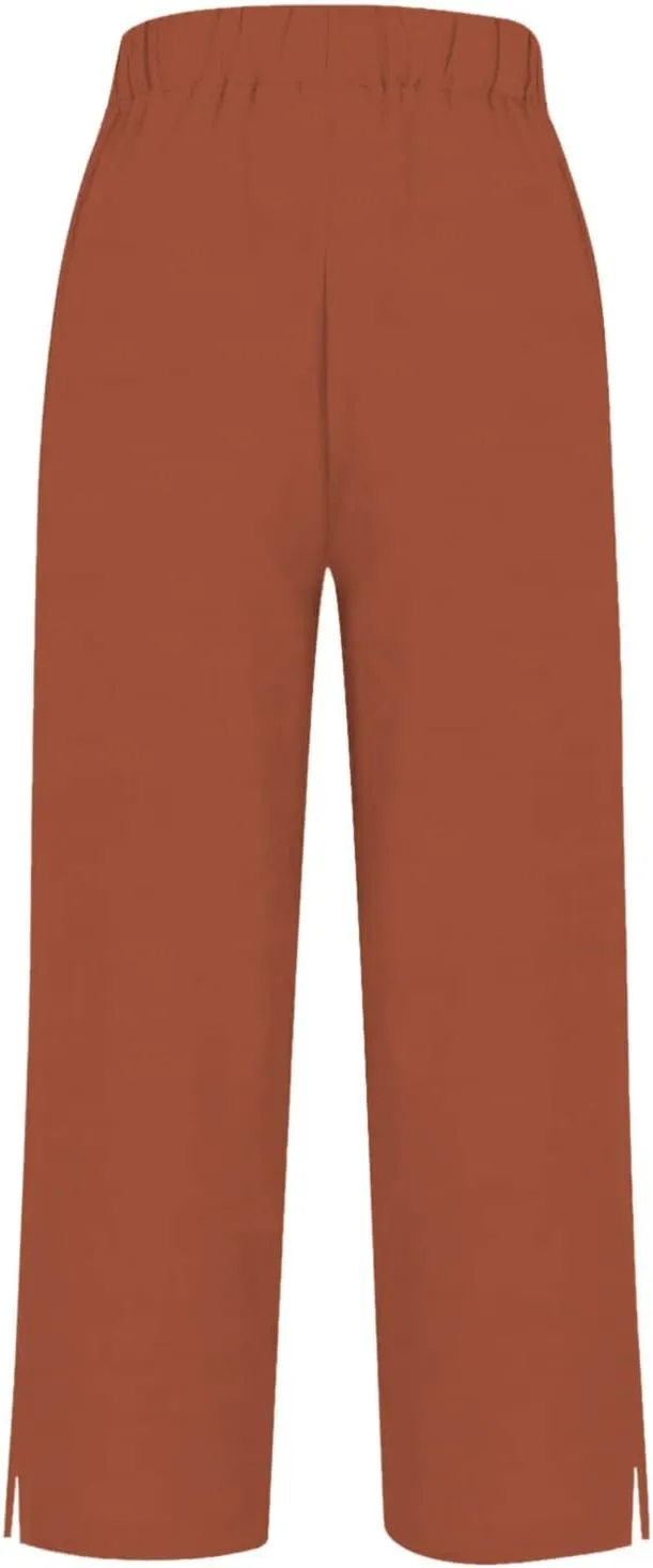 Cotton Linen Womens Pants 2025 Wide Leg Cropped Lounge Trousers Elastic Waist Summer Flowy Slit Trouser Legs Pants for Women