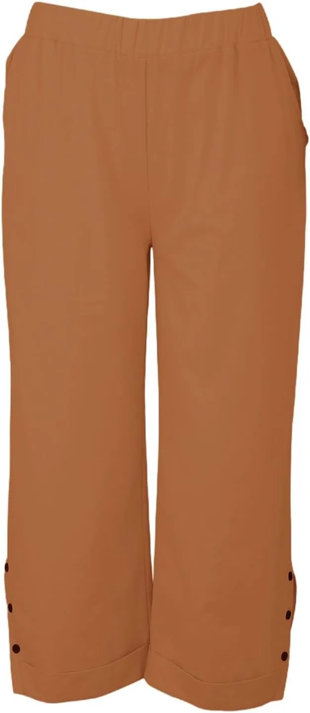 Cotton Linen Womens Pants 2025 Wide Leg Cropped Lounge Trousers Elastic Waist Summer Flowy Slit Trouser Legs Pants for Women