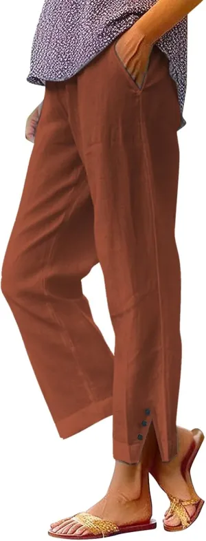 Cotton Linen Womens Pants 2025 Wide Leg Cropped Lounge Trousers Elastic Waist Summer Flowy Slit Trouser Legs Pants for Women