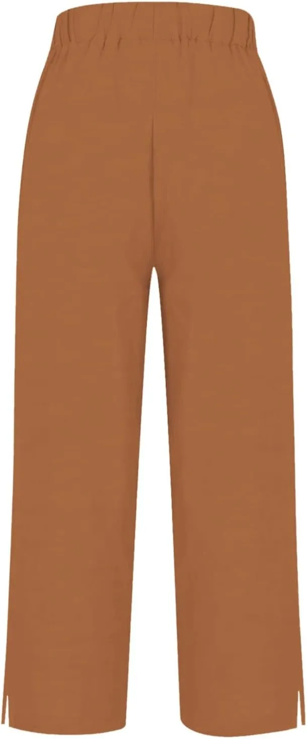 Cotton Linen Womens Pants 2025 Wide Leg Cropped Lounge Trousers Elastic Waist Summer Flowy Slit Trouser Legs Pants for Women