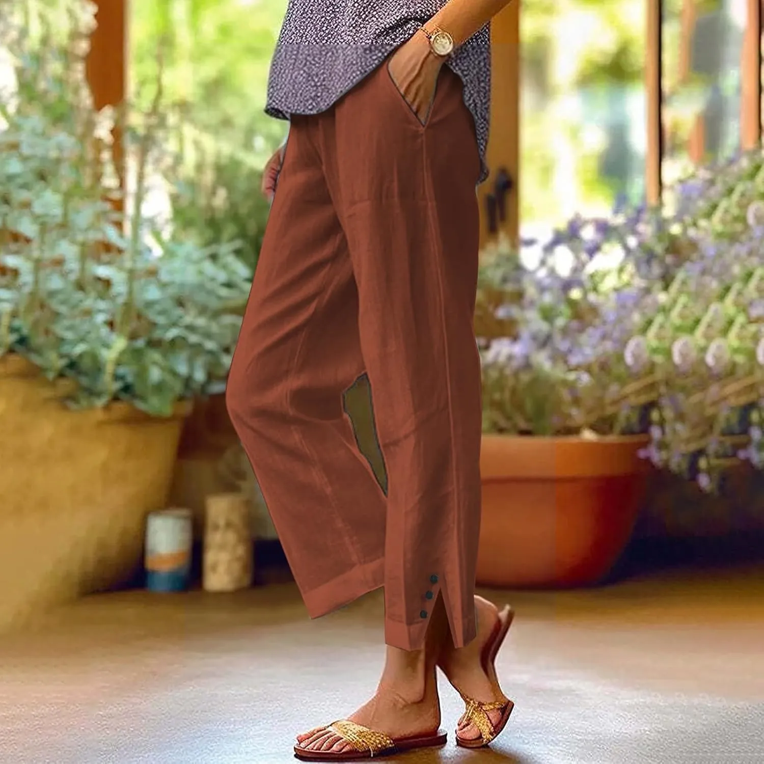 Cotton Linen Womens Pants 2025 Wide Leg Cropped Lounge Trousers Elastic Waist Summer Flowy Slit Trouser Legs Pants for Women
