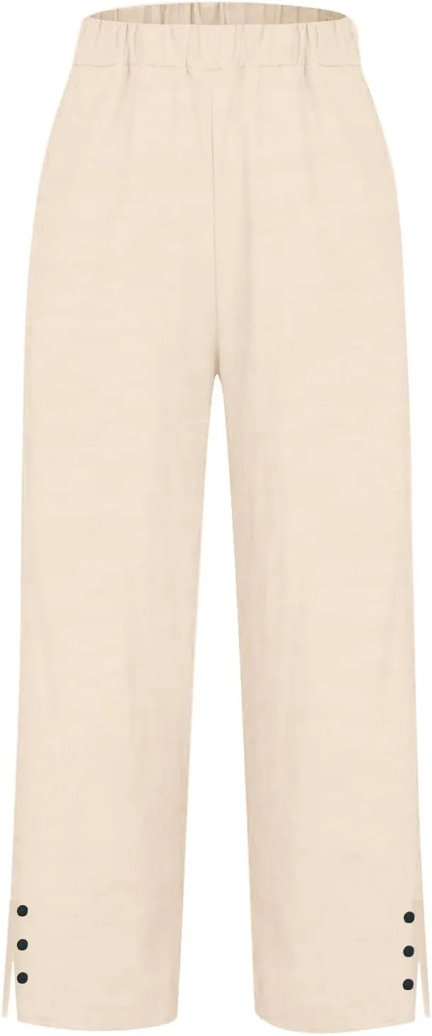 Cotton Linen Womens Pants 2025 Wide Leg Cropped Lounge Trousers Elastic Waist Summer Flowy Slit Trouser Legs Pants for Women