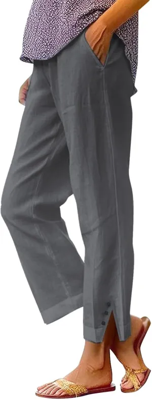 Cotton Linen Womens Pants 2025 Wide Leg Cropped Lounge Trousers Elastic Waist Summer Flowy Slit Trouser Legs Pants for Women