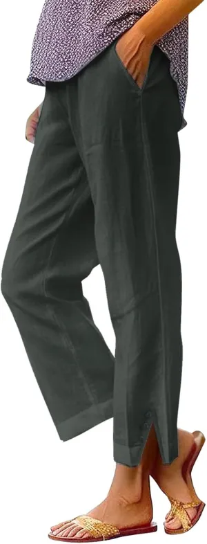 Cotton Linen Womens Pants 2025 Wide Leg Cropped Lounge Trousers Elastic Waist Summer Flowy Slit Trouser Legs Pants for Women