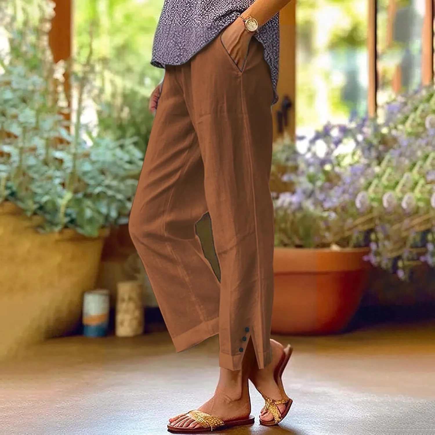 Cotton Linen Womens Pants 2025 Wide Leg Cropped Lounge Trousers Elastic Waist Summer Flowy Slit Trouser Legs Pants for Women
