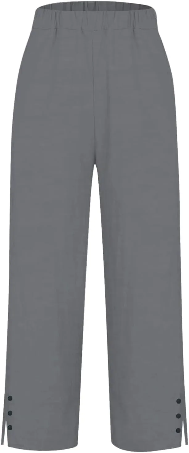 Cotton Linen Womens Pants 2025 Wide Leg Cropped Lounge Trousers Elastic Waist Summer Flowy Slit Trouser Legs Pants for Women