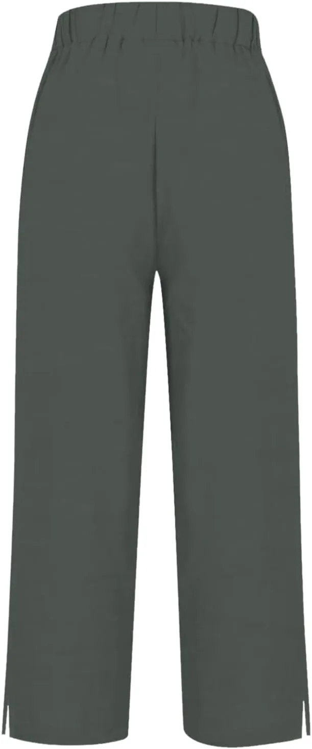 Cotton Linen Womens Pants 2025 Wide Leg Cropped Lounge Trousers Elastic Waist Summer Flowy Slit Trouser Legs Pants for Women