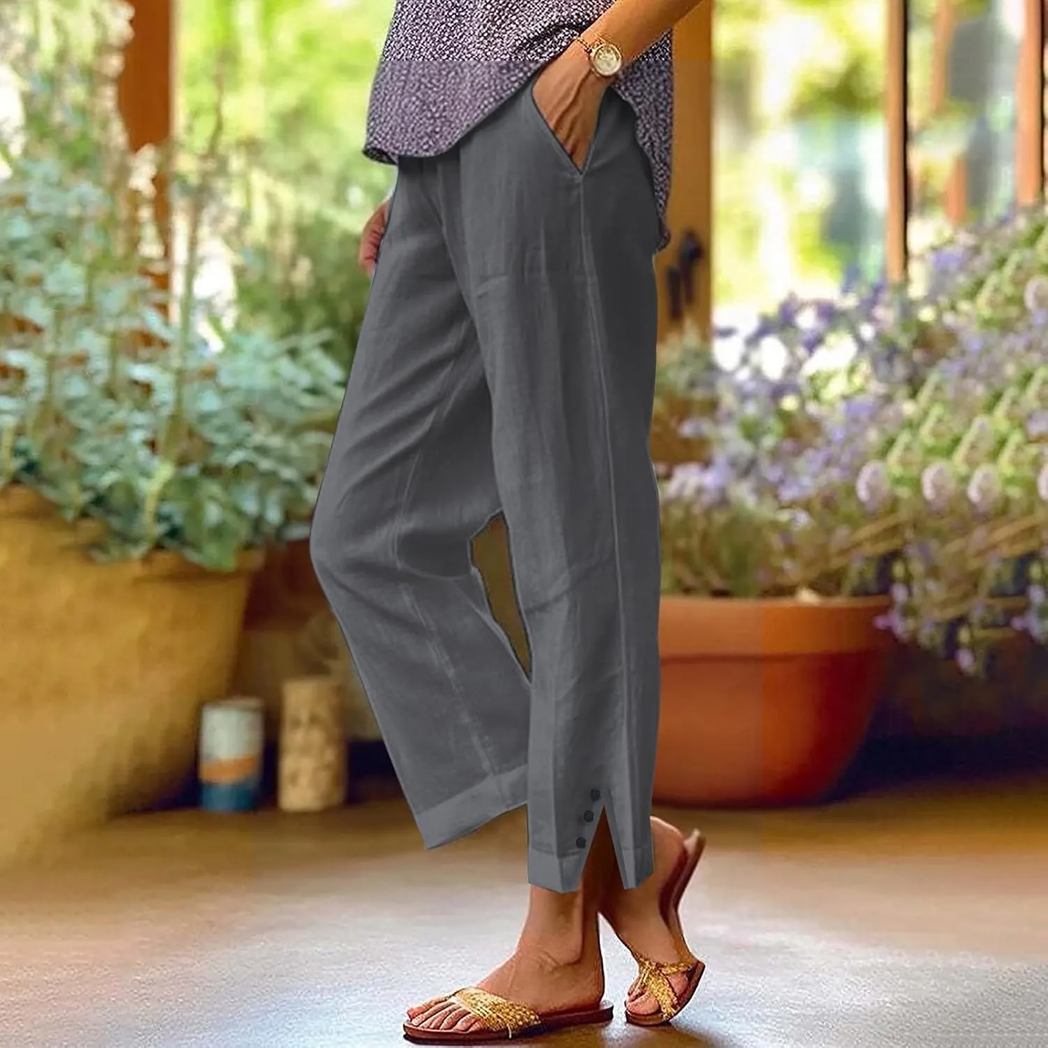 Cotton Linen Womens Pants 2025 Wide Leg Cropped Lounge Trousers Elastic Waist Summer Flowy Slit Trouser Legs Pants for Women