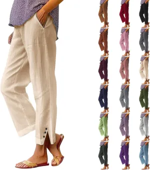 Cotton Linen Womens Pants 2025 Wide Leg Cropped Lounge Trousers Elastic Waist Summer Flowy Slit Trouser Legs Pants for Women