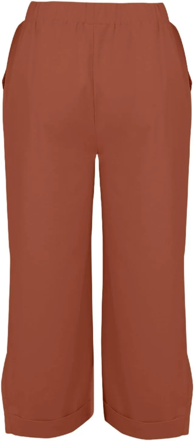 Cotton Linen Womens Pants 2025 Wide Leg Cropped Lounge Trousers Elastic Waist Summer Flowy Slit Trouser Legs Pants for Women