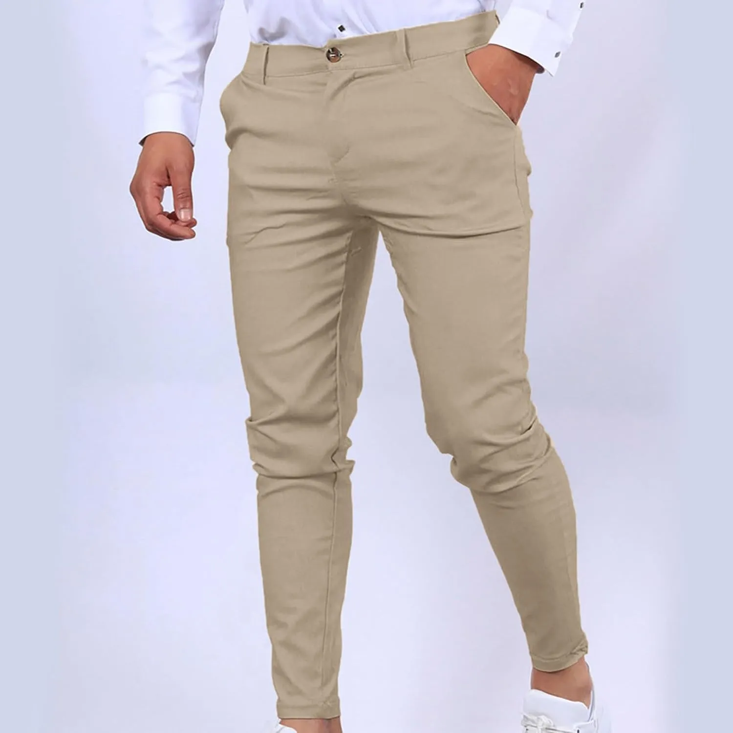 Cotton Mens Slim Fit Casual Chinos Pants with Button Closure and Pockets for Daily Wear