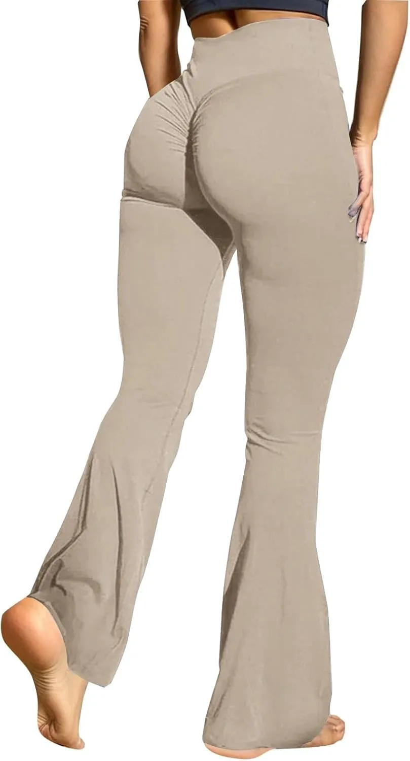 CRNTCEM Slim Fit Yoga Flared Pants for Women High Waist Pull On Wide Leg Bottom Leggings Tummy Control Work Bootcut Trousers