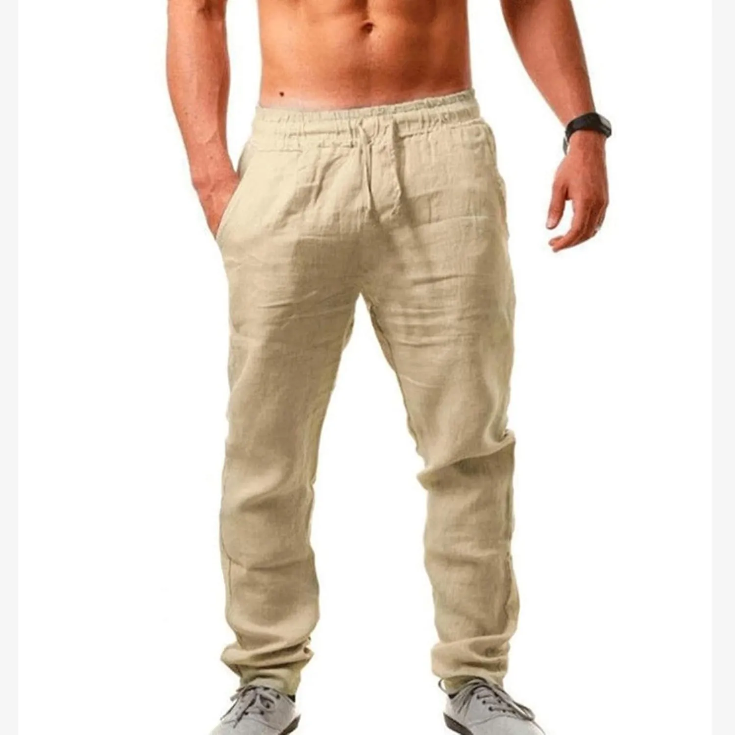 Ctreela Men's Lounge Cotton Linen Pants Lightweight Breathable Beach Trousers Casual Drawstring Low Waist Loose Yoga Pants