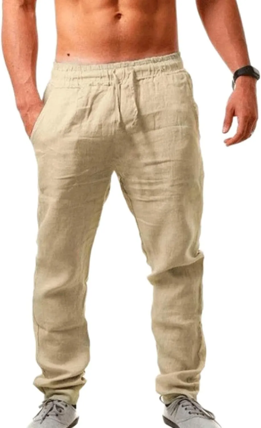 Ctreela Men's Lounge Cotton Linen Pants Lightweight Breathable Beach Trousers Casual Drawstring Low Waist Loose Yoga Pants