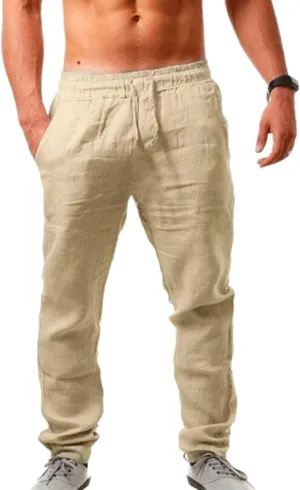 Ctreela Men's Lounge Cotton Linen Pants Lightweight Breathable Beach Trousers Casual Drawstring Low Waist Loose Yoga Pants