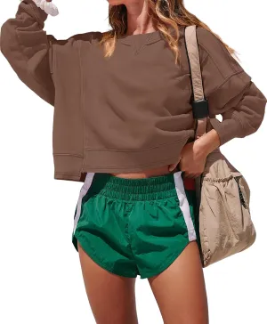 Darong Women's Oversized Cropped Sweatshirts Crewneck Long Sleeve Workout Pullover Hoodies Fall Fashion Outfits