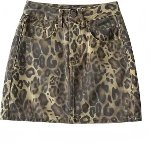 Denim Skirt Leopard Print Skirts for Women, Y2k Jeans Mini Skirt High Waisted with Pockets, Streetwear Club Dress