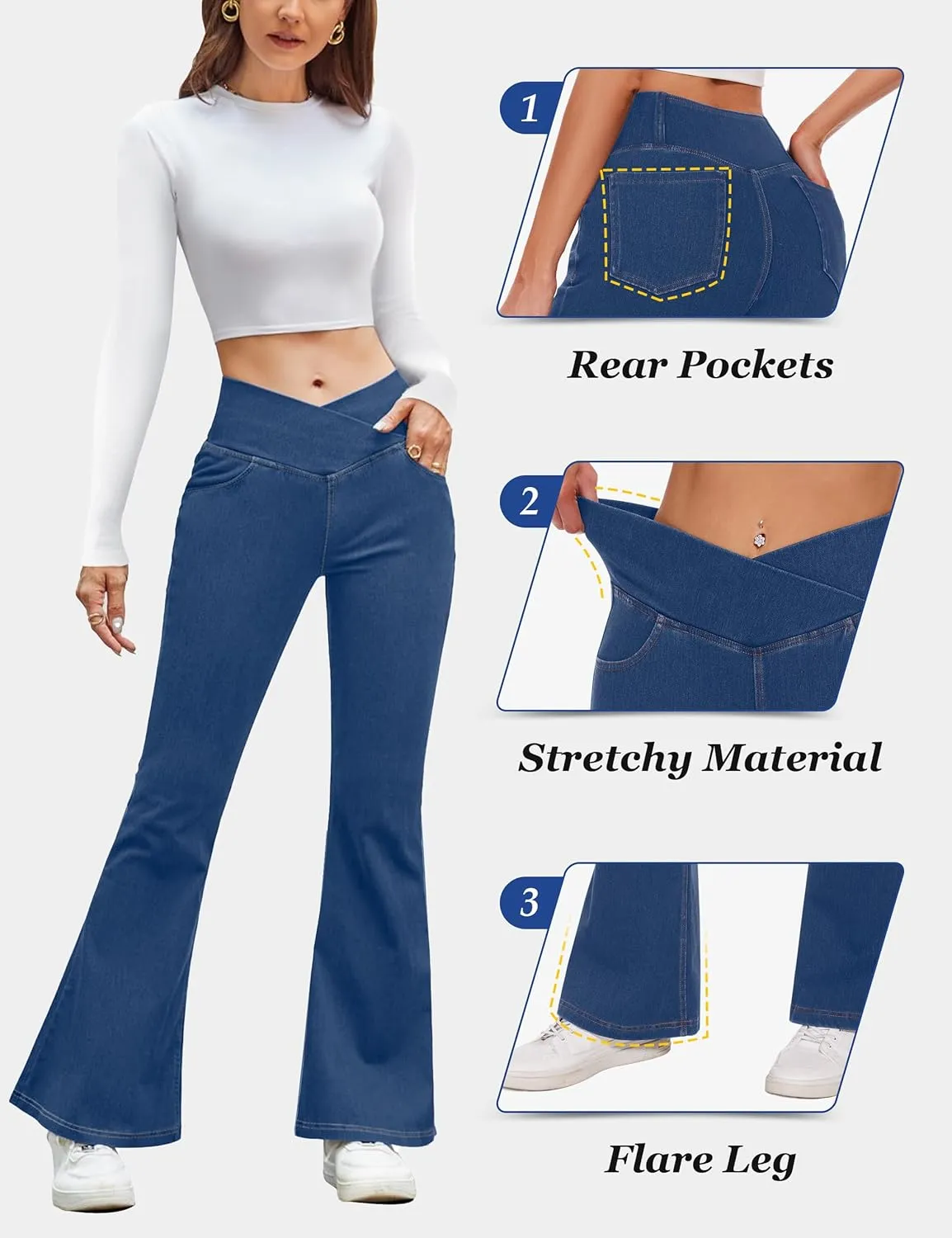 Desol Flare Jeans for Women Strechy Bell Bottom Pull On Jeans High Cross Waisted Tummy Control Bootcut Pants with Pockets