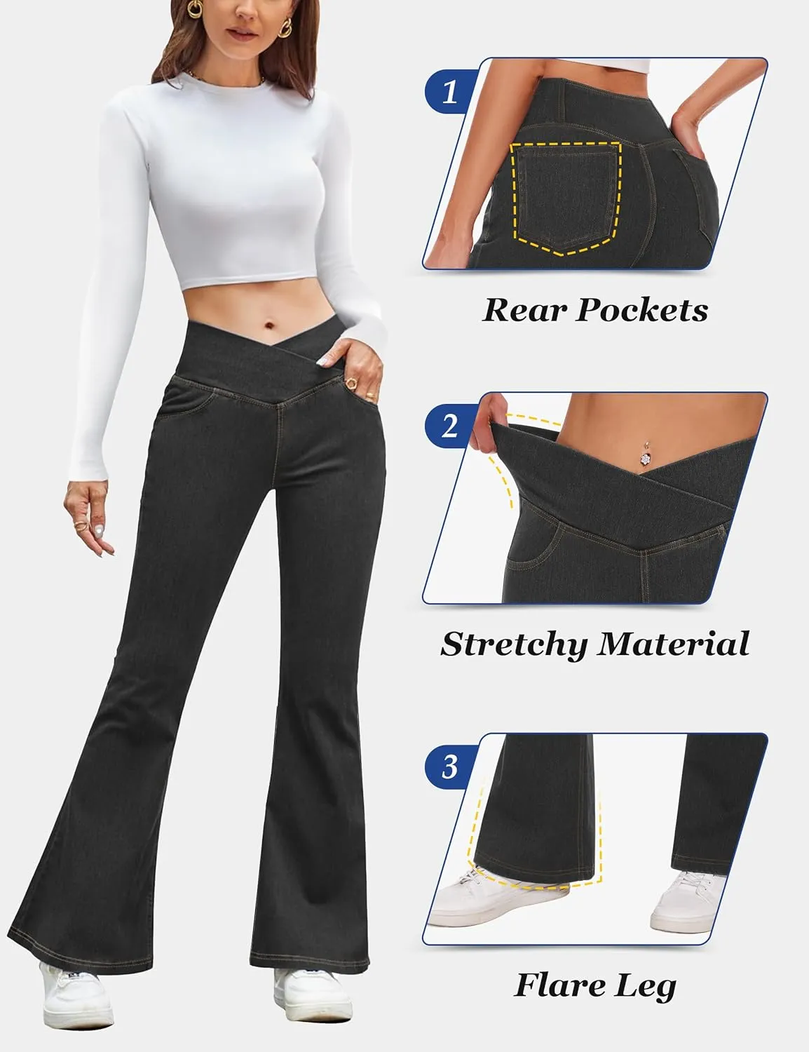 Desol Flare Jeans for Women Strechy Bell Bottom Pull On Jeans High Cross Waisted Tummy Control Bootcut Pants with Pockets
