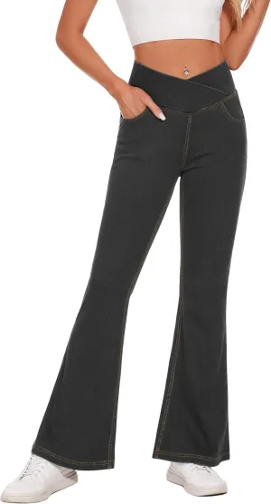 Desol Flare Jeans for Women Strechy Bell Bottom Pull On Jeans High Cross Waisted Tummy Control Bootcut Pants with Pockets