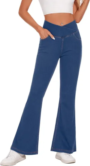 Desol Flare Jeans for Women Strechy Bell Bottom Pull On Jeans High Cross Waisted Tummy Control Bootcut Pants with Pockets