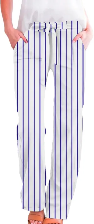 Elastic Waist Drawstring Pull On Pants for Women with Pockets Striped Print Straight Leg Linen Trousers Plus Size
