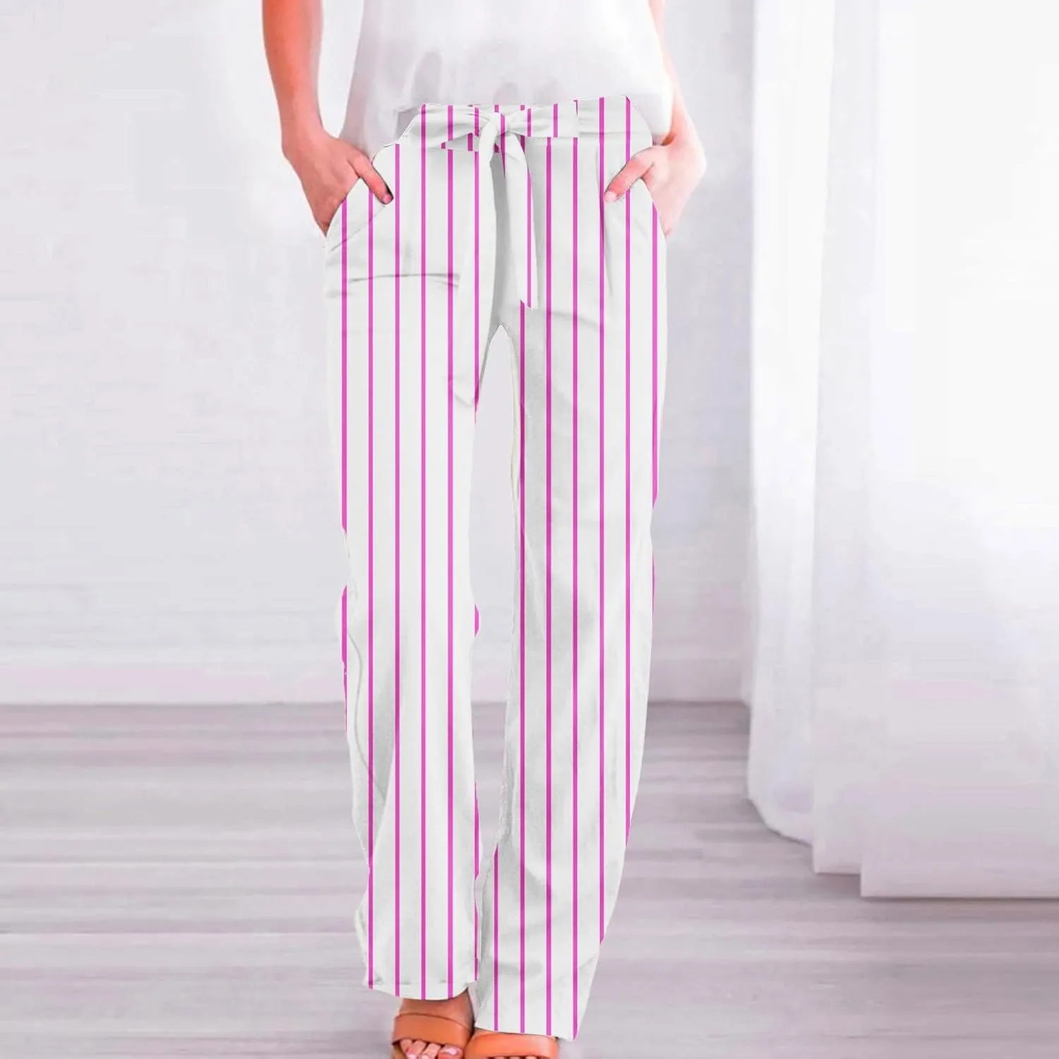 Elastic Waist Drawstring Pull On Pants for Women with Pockets Striped Print Straight Leg Linen Trousers Plus Size