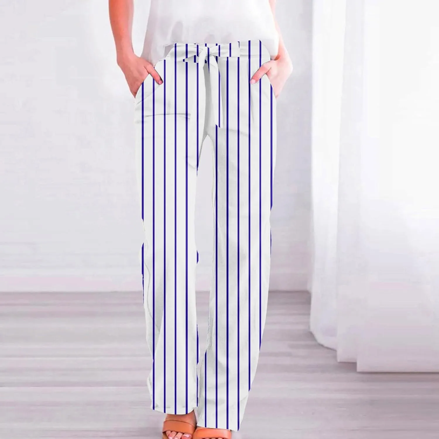 Elastic Waist Drawstring Pull On Pants for Women with Pockets Striped Print Straight Leg Linen Trousers Plus Size