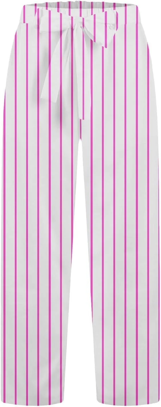 Elastic Waist Drawstring Pull On Pants for Women with Pockets Striped Print Straight Leg Linen Trousers Plus Size