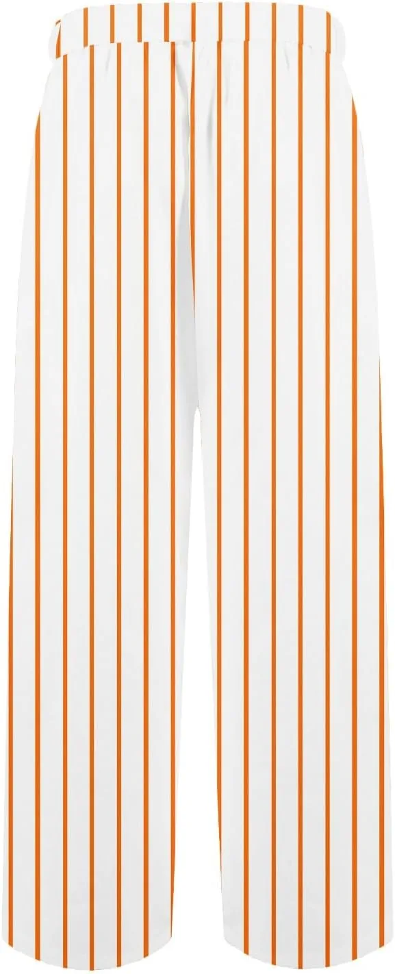 Elastic Waist Drawstring Pull On Pants for Women with Pockets Striped Print Straight Leg Linen Trousers Plus Size
