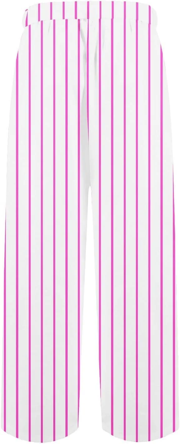 Elastic Waist Drawstring Pull On Pants for Women with Pockets Striped Print Straight Leg Linen Trousers Plus Size