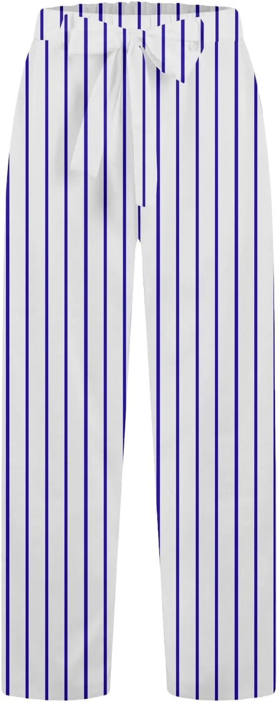 Elastic Waist Drawstring Pull On Pants for Women with Pockets Striped Print Straight Leg Linen Trousers Plus Size