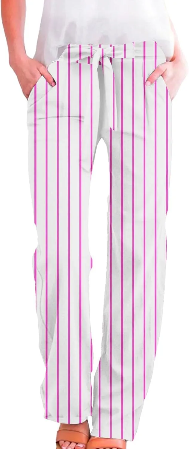 Elastic Waist Drawstring Pull On Pants for Women with Pockets Striped Print Straight Leg Linen Trousers Plus Size